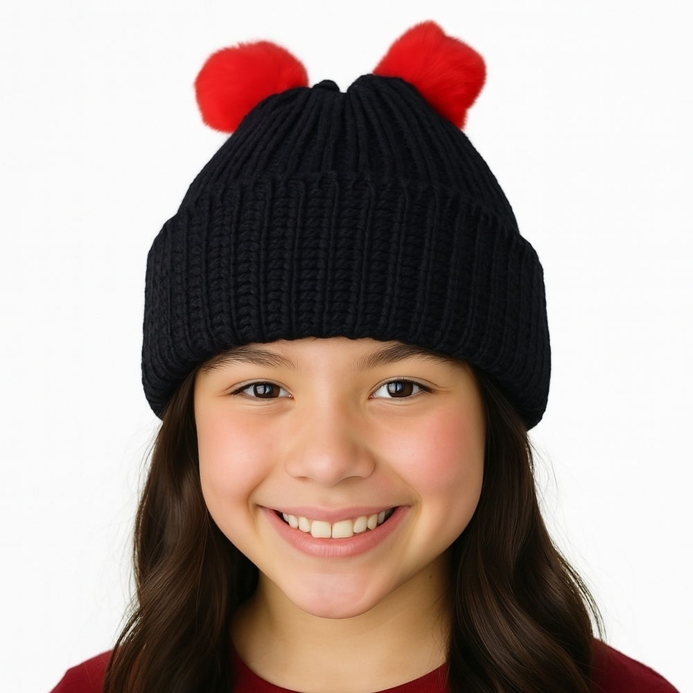 Hand Knit One Of A Kind Black Childs Size Beanie With Faux Fur Red Pom Poms